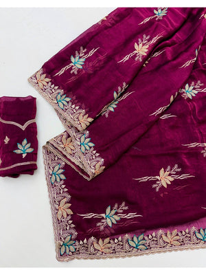Wine Satin Saree with Designer Embroidery and Stone Work - Image 2
