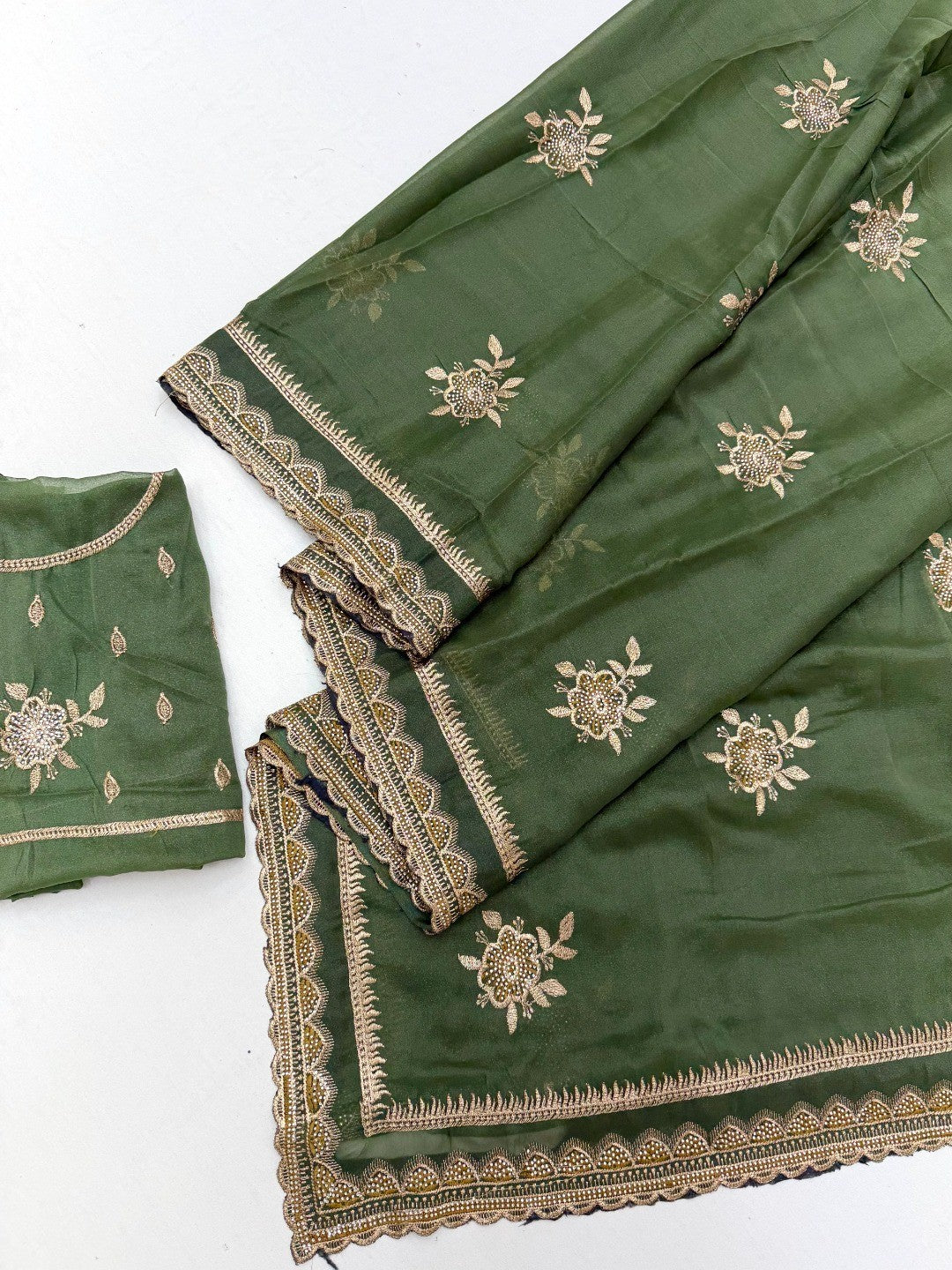 Olive Georgette Saree with Floral Embroidery and Stone Work - Image 2