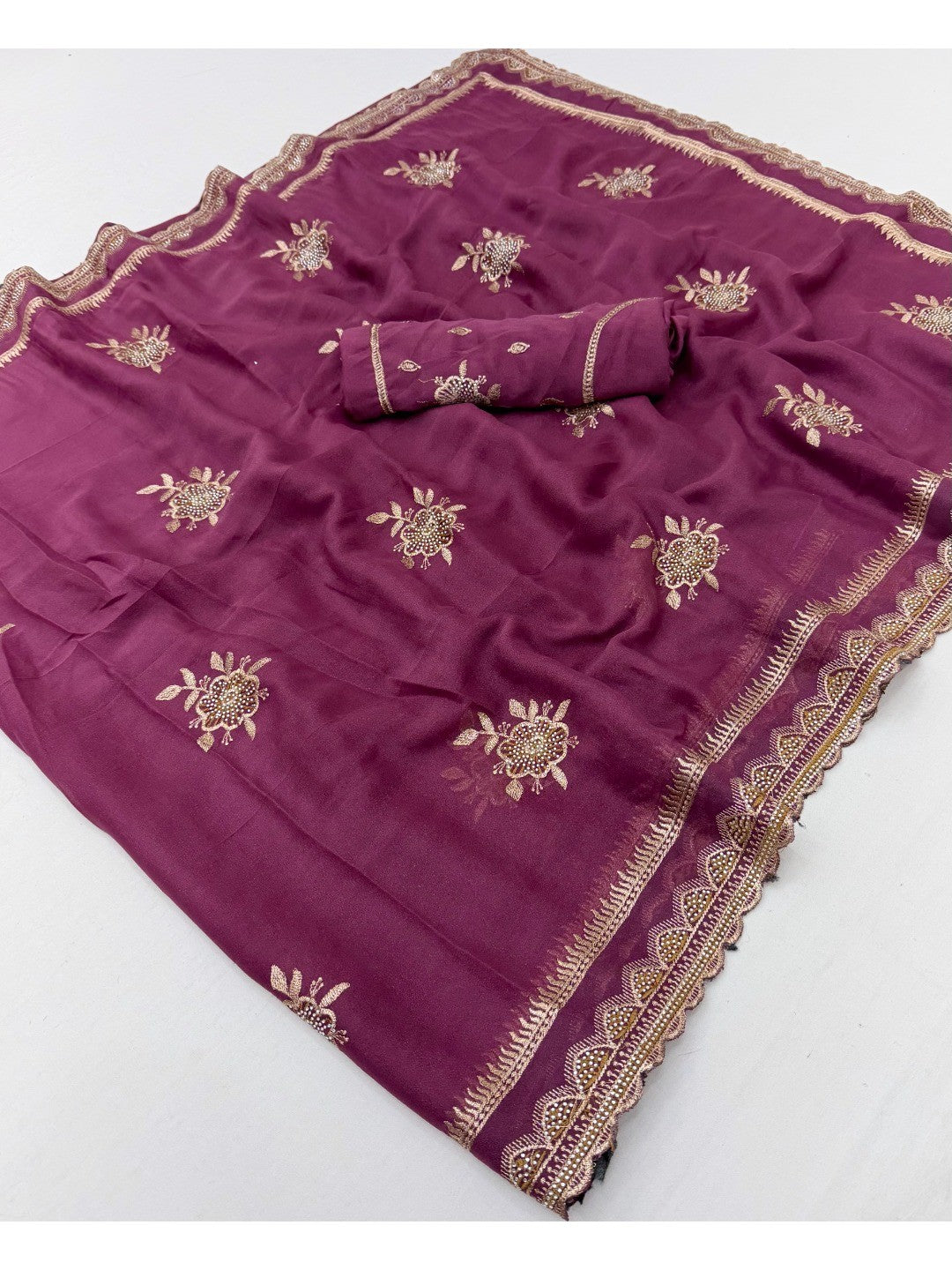 Wine Georgette Saree with Floral Embroidery and Scalloped Border - Image 3