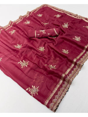 Maroon Georgette Saree with Floral Embroidery and Stone Work - Image 2