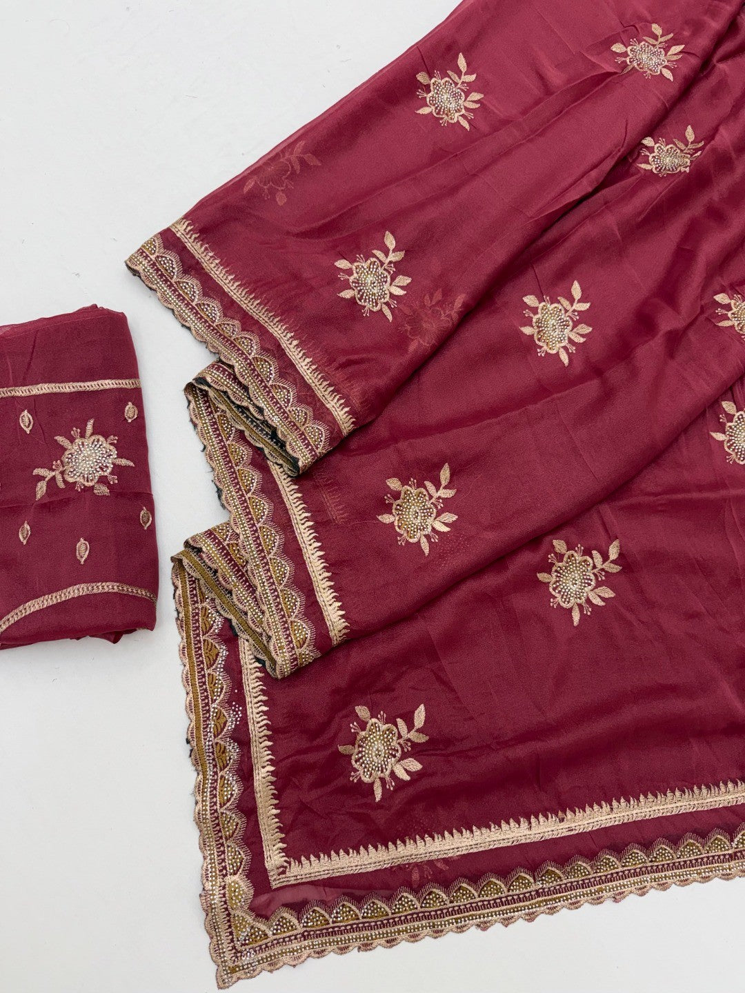 Maroon Georgette Saree with Floral Embroidery and Stone Work - Image 3