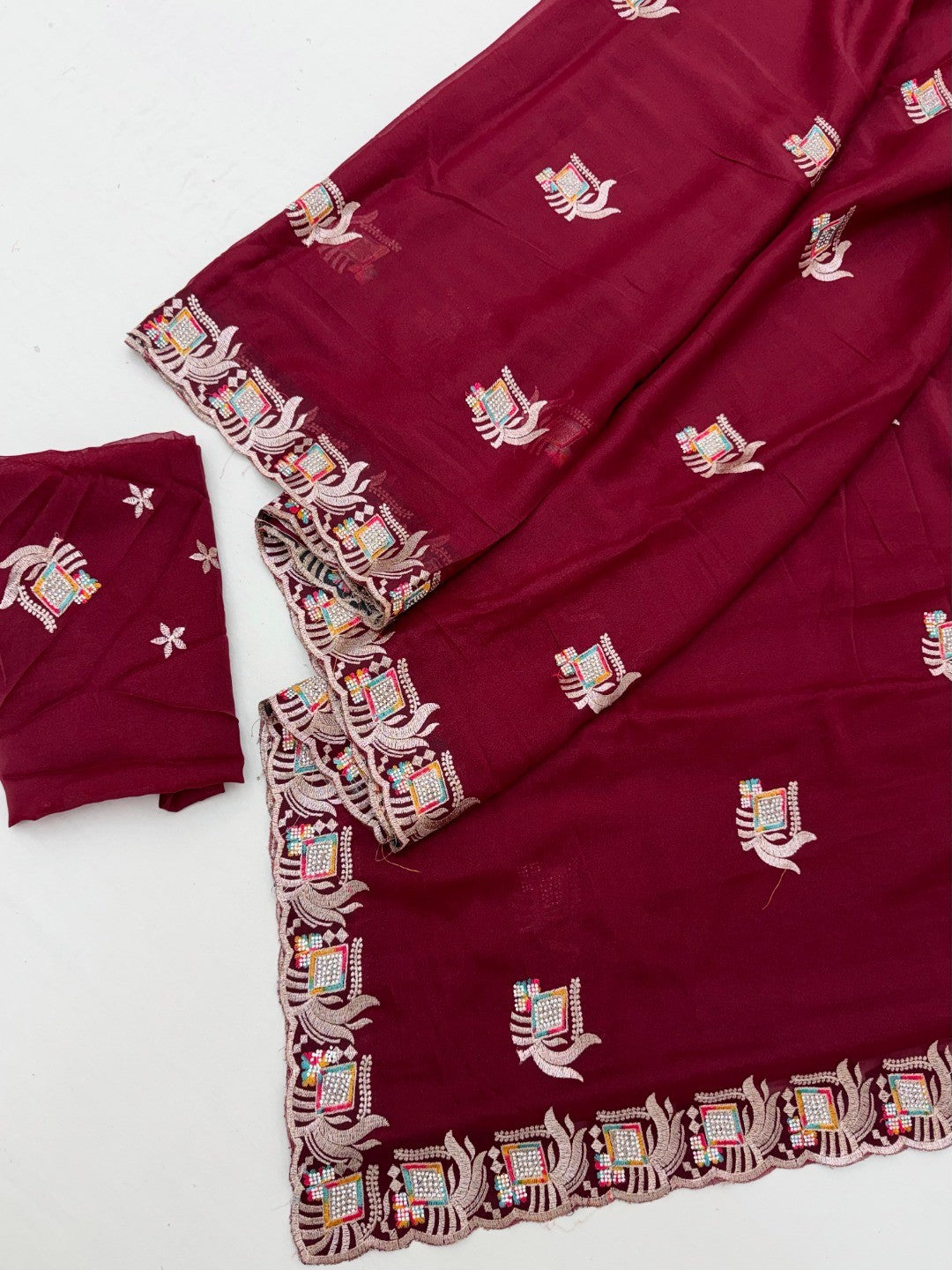 Maroon Georgette Saree with Embroidered Design and Stone Work - Image 2