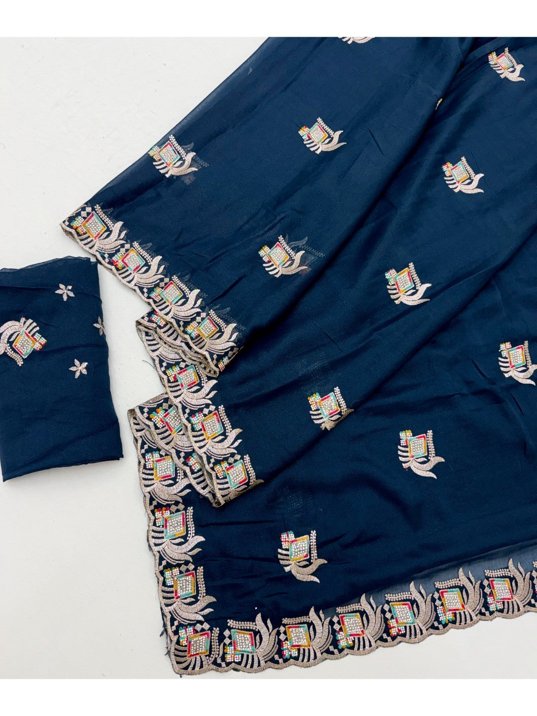 Rama Blue Georgette Saree with Embroidered Motifs and Border - Image 3