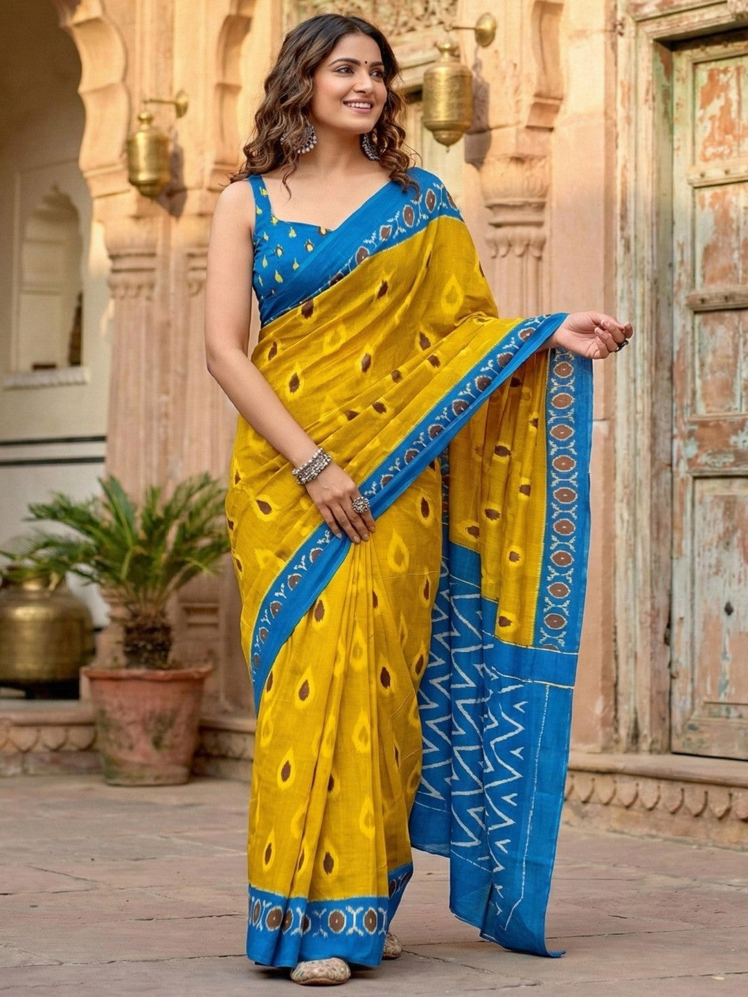 Trendy Mustard Ikkat Print Mulmul Cotton Saree With Stylish Zig Zag Pattern Pallu - Image 1