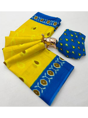 Trendy Mustard Ikkat Print Mulmul Cotton Saree With Stylish Zig Zag Pattern Pallu - Image 2