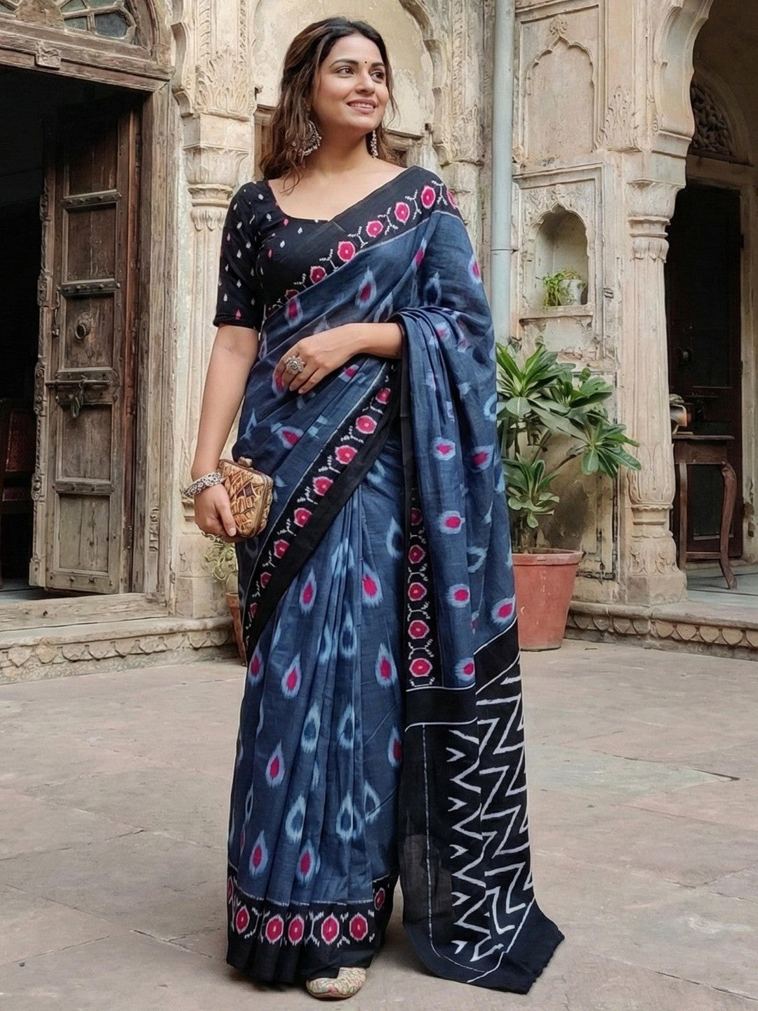 Trendy Slate Blue Ikkat Print Mulmul Cotton Saree With Stylish Zig Zag Pattern Pallu - Image 1