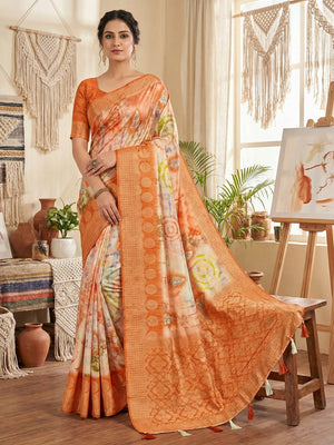 Elegant Orange Bemberg Saree with Digital Print and Rich Pallu - Image 1