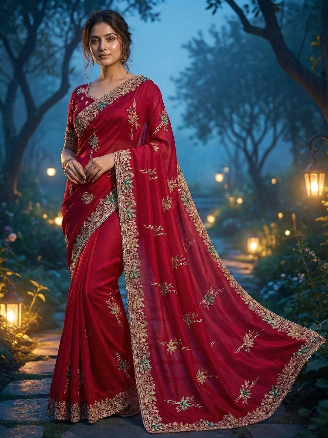 Elegant Red Satin Saree with Designer Embroidery and Stone Work - Image 1