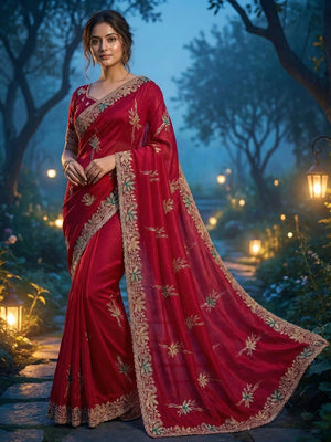 Elegant Red Satin Saree with Designer Embroidery and Stone Work - Image 1