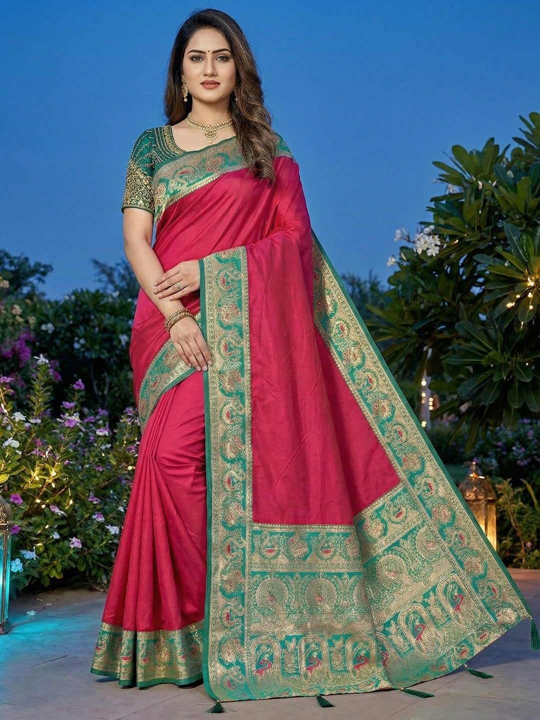 Pink Pure Silk Saree with Detailed Woven Border and Stitched Blouse for Elegant Styling - Image 1