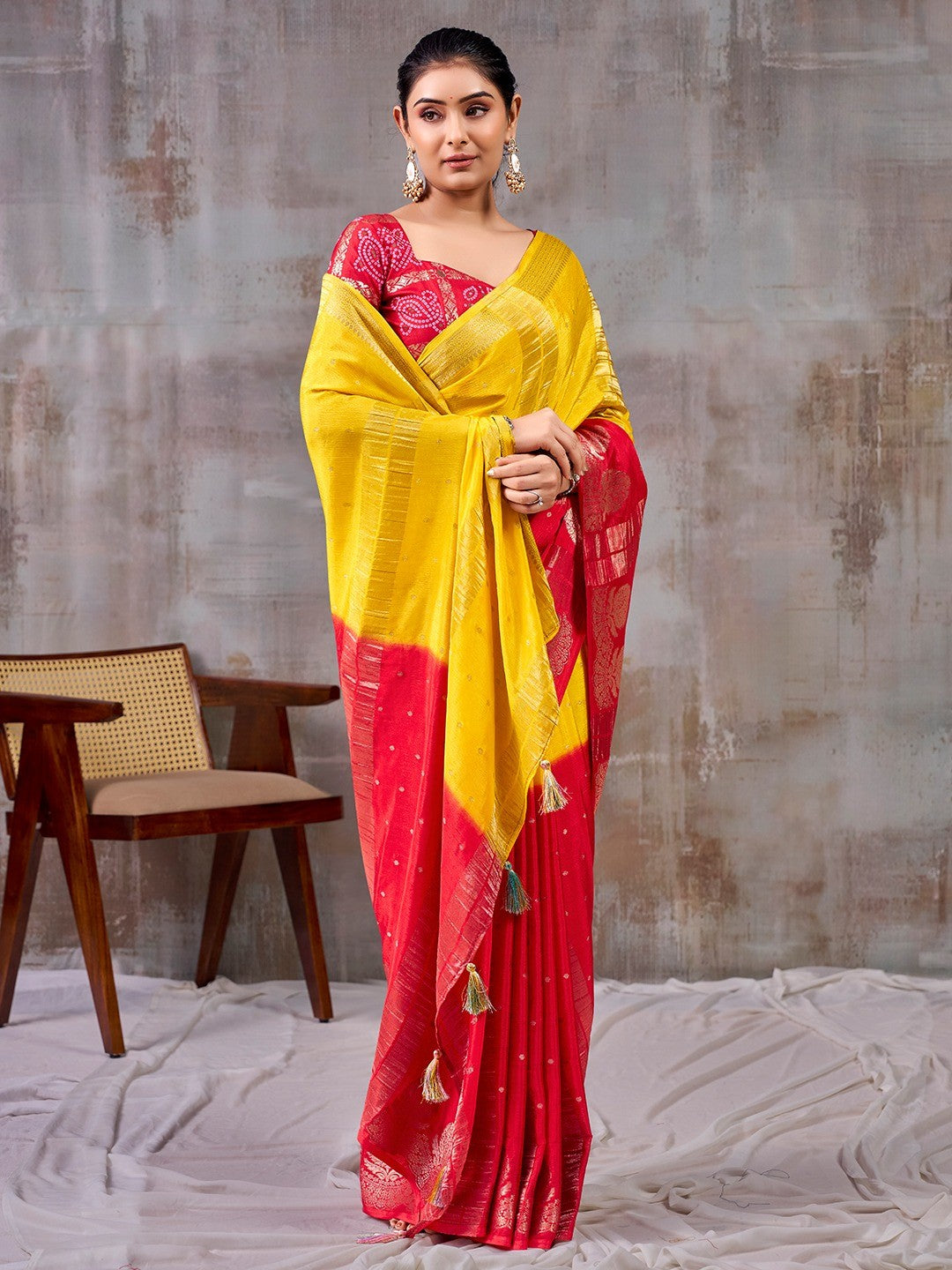 Classic Yellow And Red Floral Weaving Jacquard Chinon Half & Half Saree With Timeless Charm - Image 5