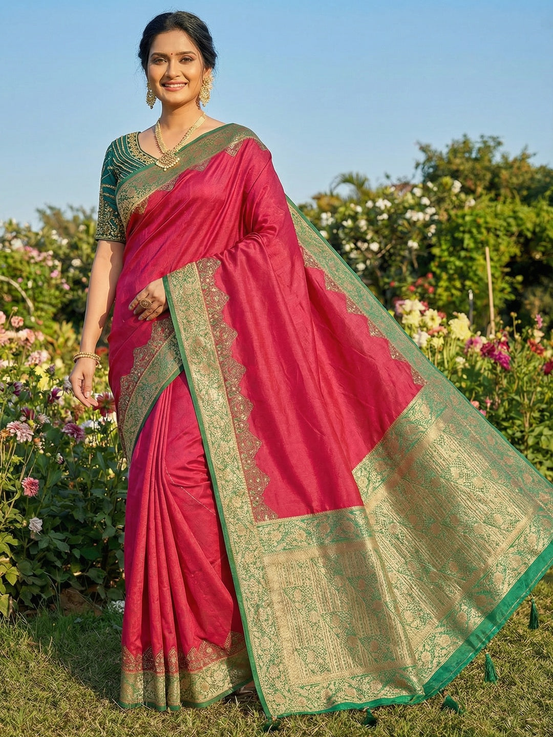 Pink Pure Silk Saree with Intricate Woven Border and Comfortable Stitched Blouse Included - Image 1