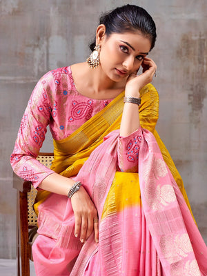 Classic Yellow And Pink Floral Weaving Jacquard Chinon Half & Half Saree With Timeless Charm - Image 2