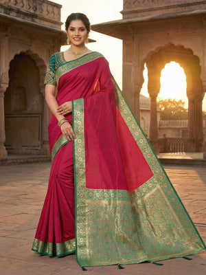 Ethnic Pink Pure Silk Saree with Intricate Border Weaving and Stitched Blouse for Festive Occasions - Image 1