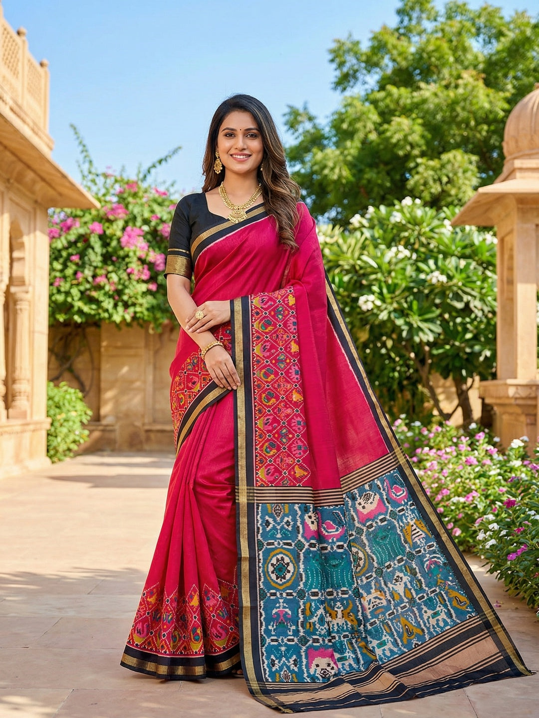 Pink Viscose Saree with Ikkat Printed Border and Graceful Feminine Appeal - Image 1