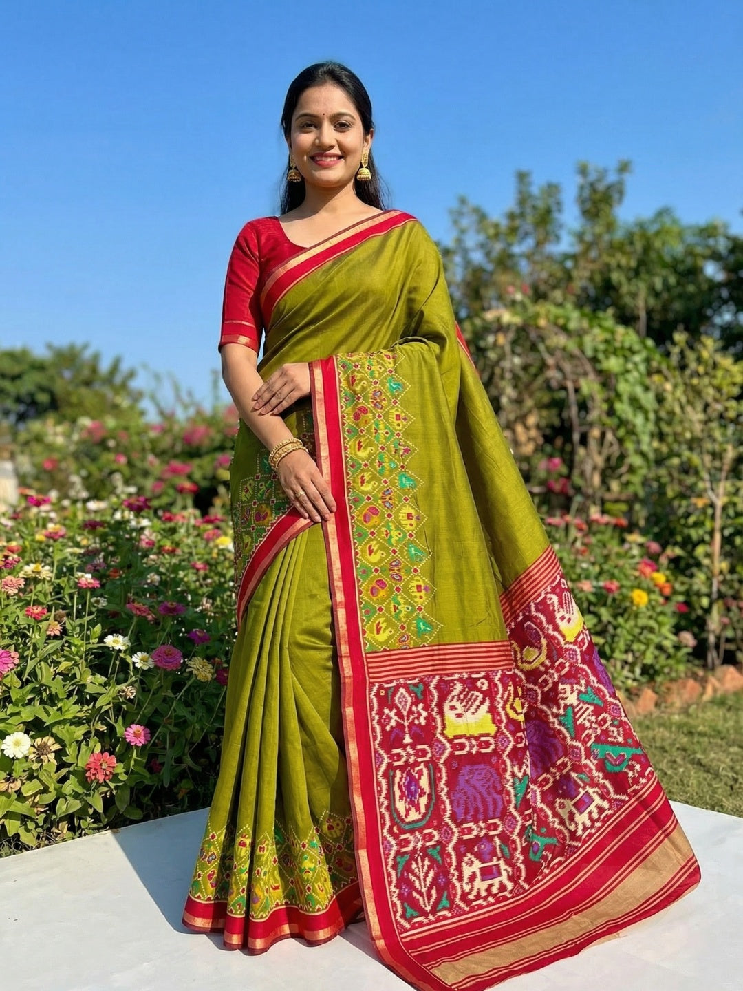 Green Viscose Saree with Ikkat Printed Border and Graceful Feminine Appeal - Image 1