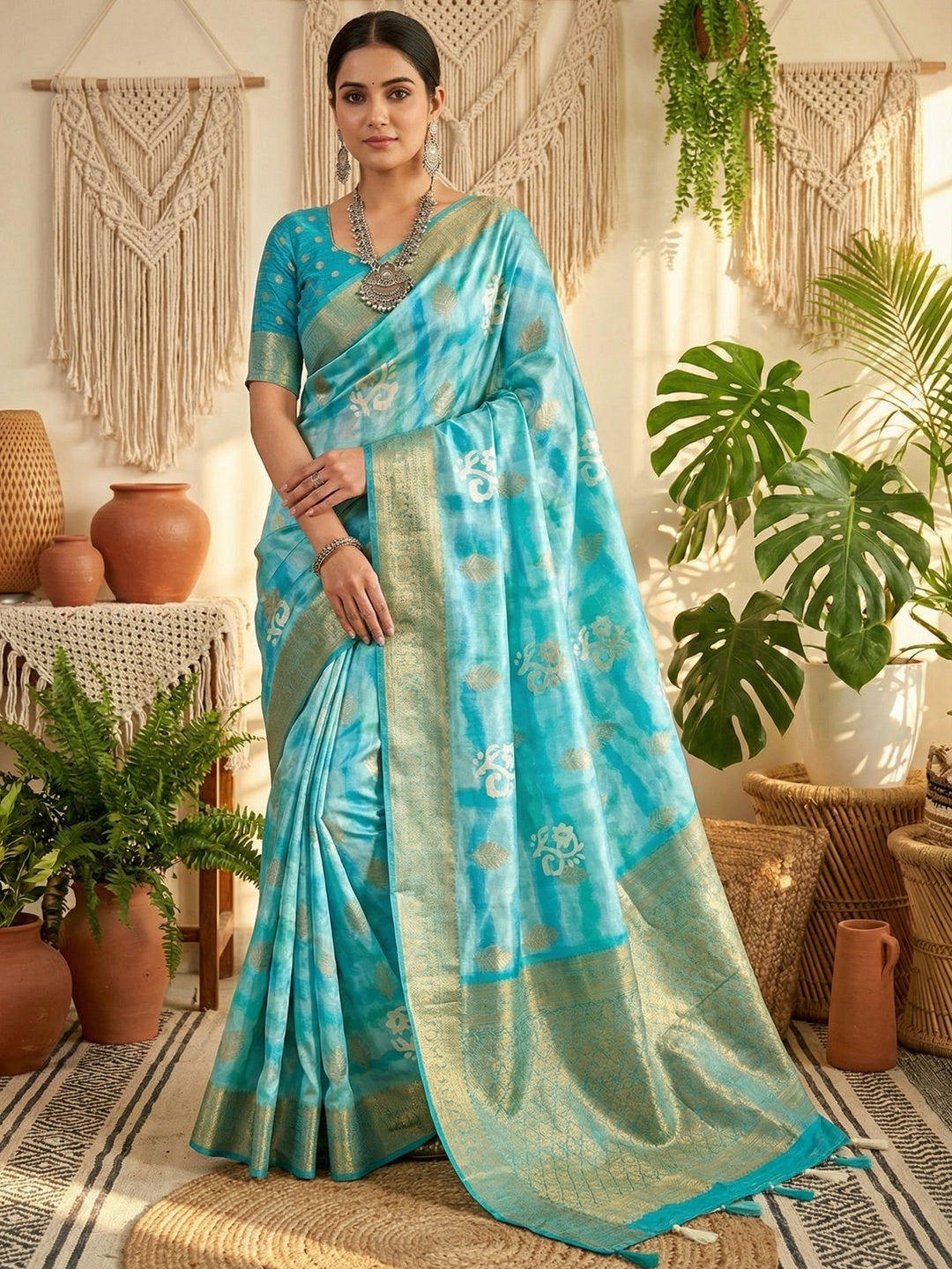 Rama Blue Bemberg Saree with Digital Print and Rich Pallu - Image 1