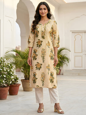 Yellow Floral Print Pure Cotton Straight Cut Kurti with Comfortable Fit and Stylish Look - Image 1