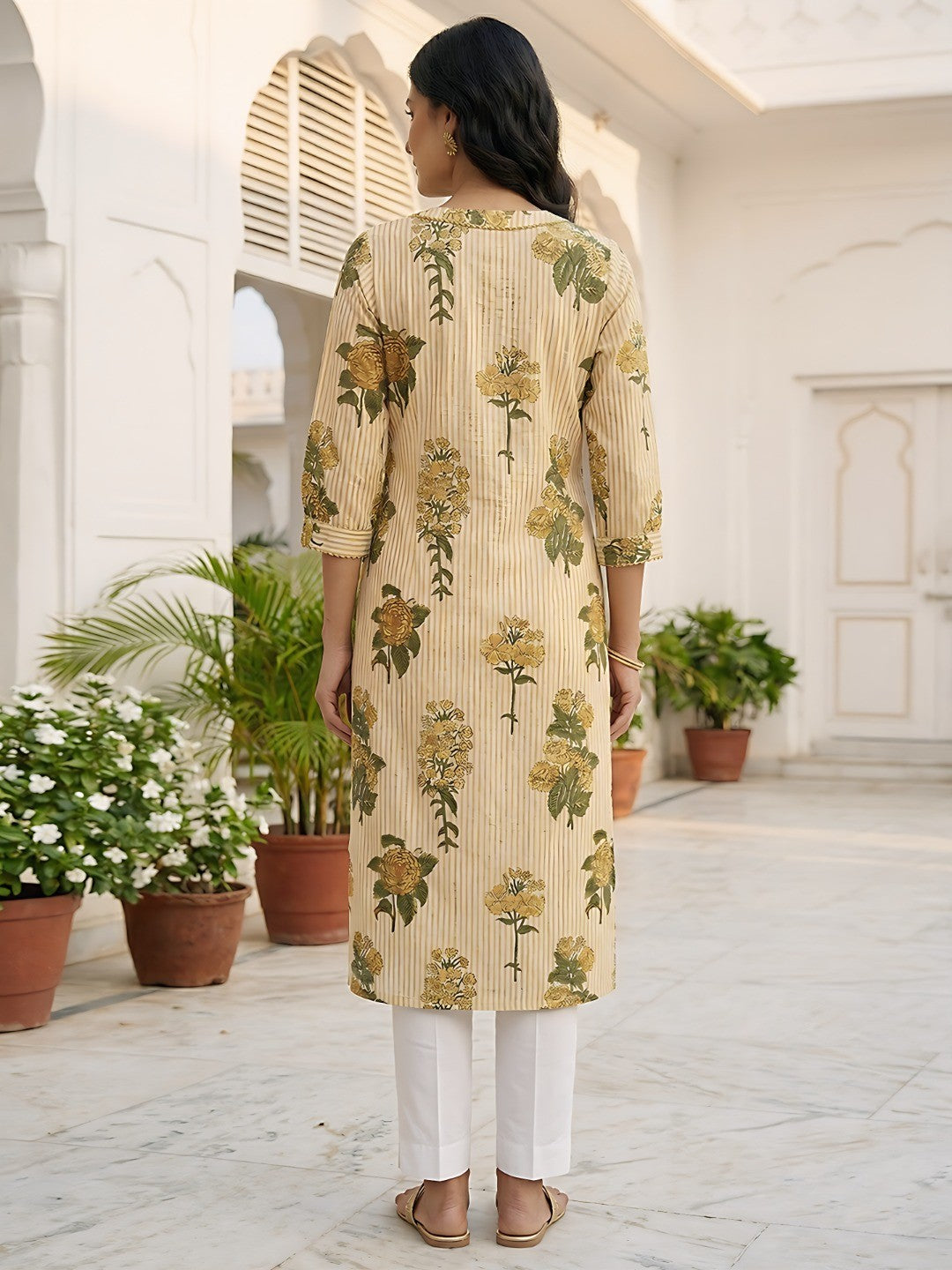 Yellow Floral Print Pure Cotton Straight Cut Kurti with Comfortable Fit and Stylish Look - Image 3