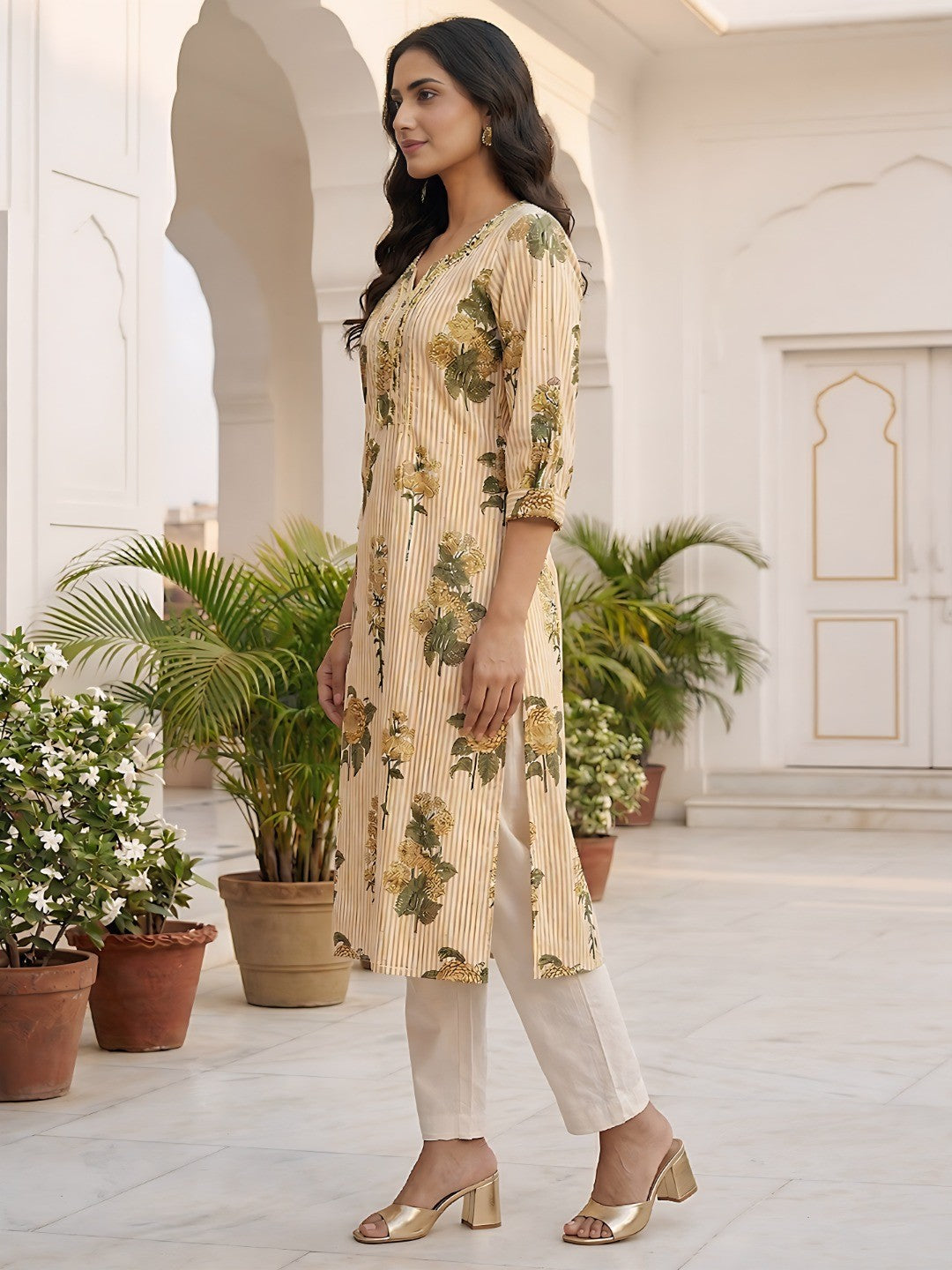 Yellow Floral Print Pure Cotton Straight Cut Kurti with Comfortable Fit and Stylish Look - Image 2