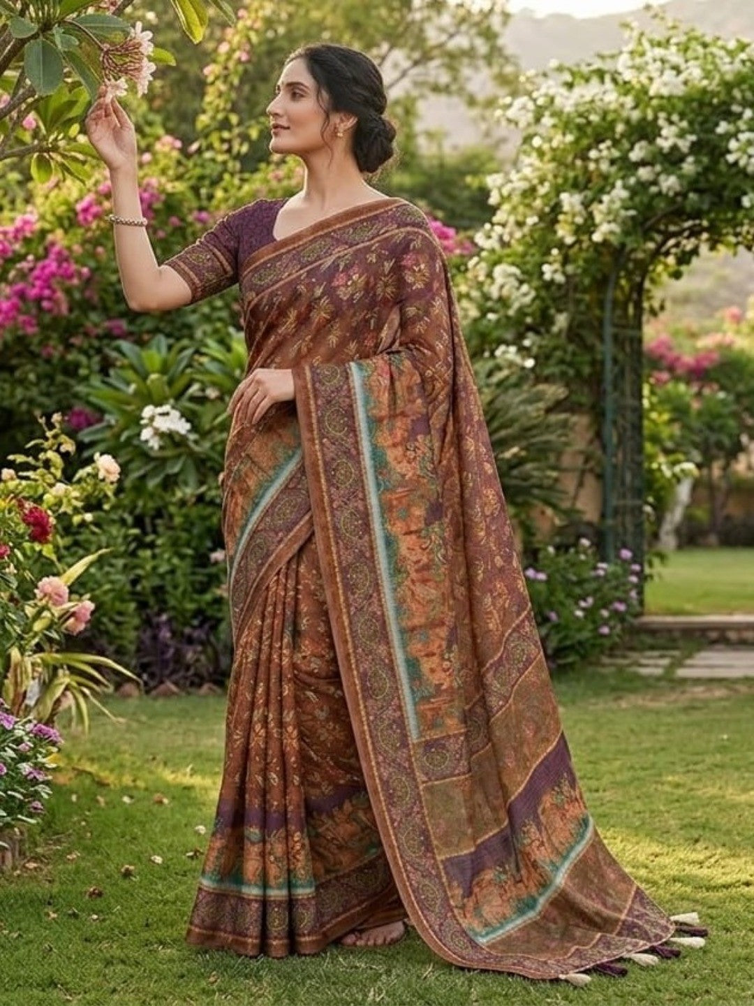 Elegant Brown Linen Saree with Floral and Figure Print Border - Image 1