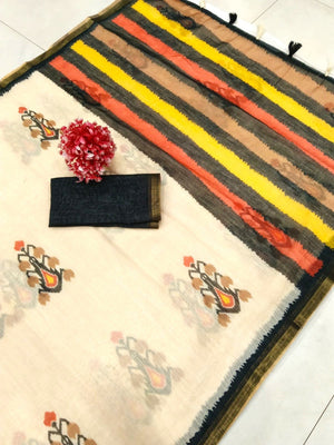 Cream Linen Saree with Ikkat Print and Striped Pallu - Image 2