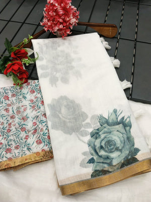 Elegant White Linen Saree with Floral Print and Golden Border - Image 2
