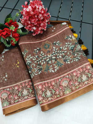 Graceful Brown Linen Saree with Beautiful Floral Print Border - Image 2