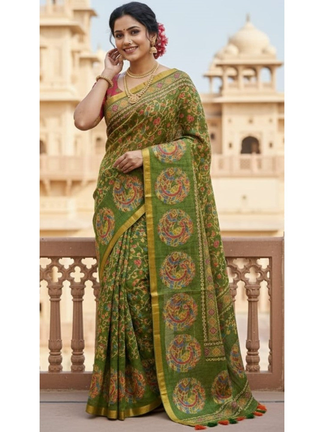 Graceful Green Linen Saree with Ethnic Printed Border Design - Image 4