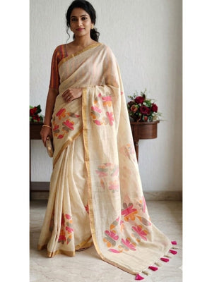 Stylish Cream Linen Saree with Beautiful Floral Print & Rich Golden Border - Image 2