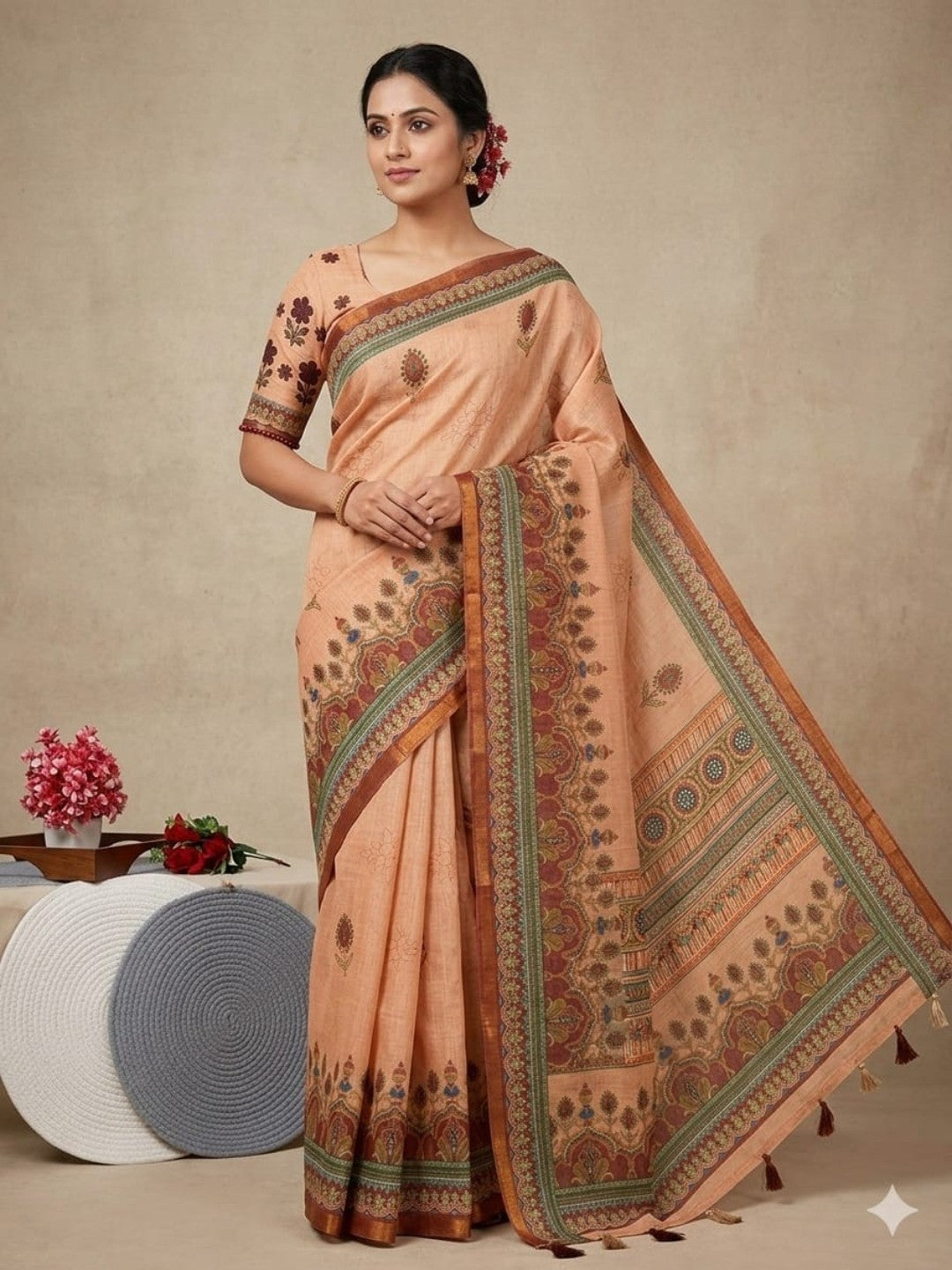 Graceful Chikoo Linen Saree with Elegant Prints for Daily & Festive Wear - Image 1