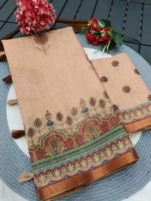 Graceful Chikoo Linen Saree with Elegant Prints for Daily & Festive Wear - Image 2