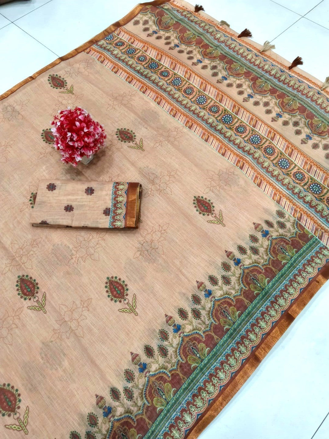 Graceful Chikoo Linen Saree with Elegant Prints for Daily & Festive Wear - Image 5