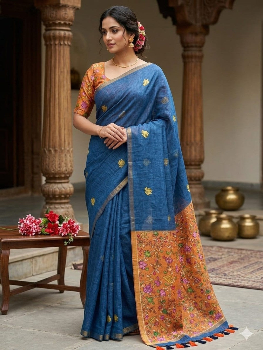 Stylish Blue Linen Saree with Elegant Floral Border Detailing - Image 1