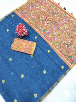 Stylish Blue Linen Saree with Elegant Floral Border Detailing - Image 2