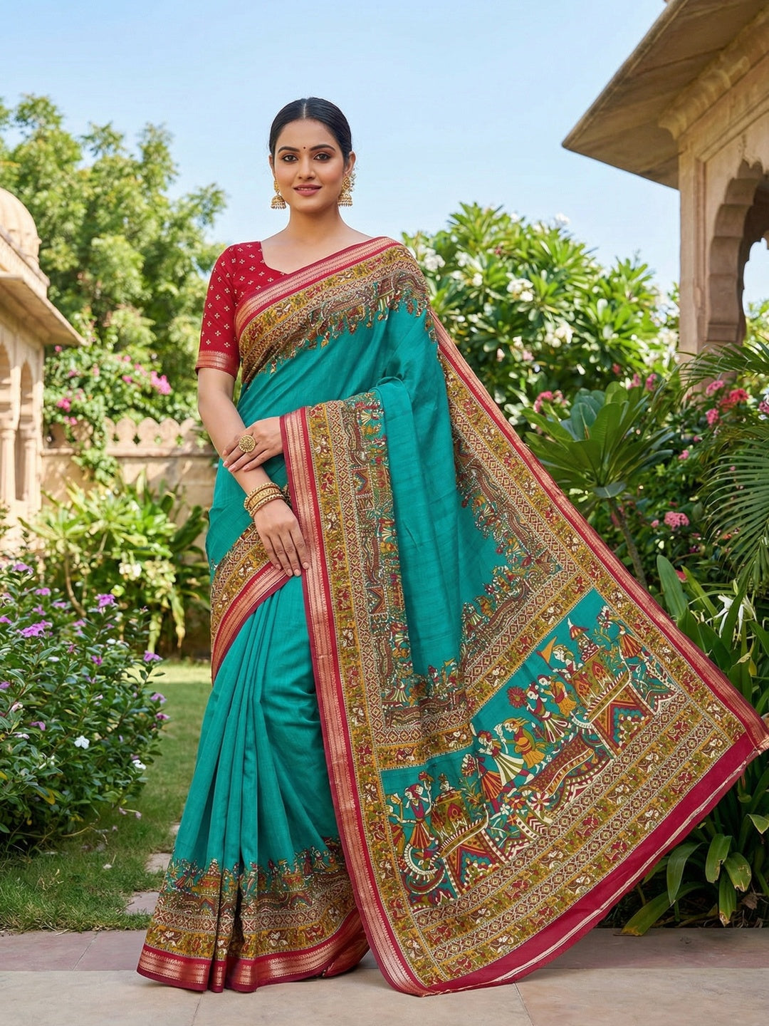 Teal Viscose Saree with Kalamkari Print and Jari Border and Fine Finish - Image 1