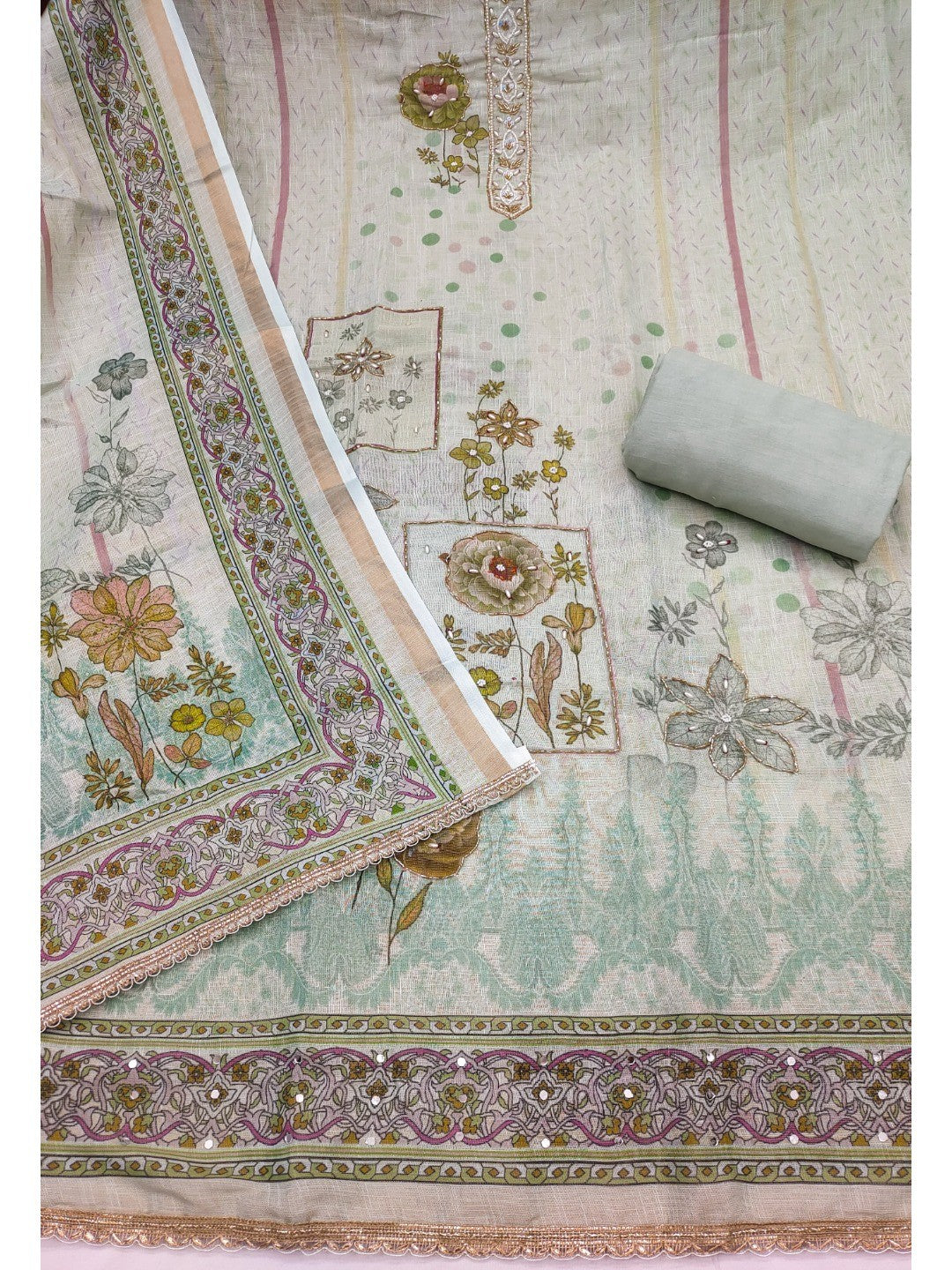 Sea Green Floral Printed Linen Dress Material with Embellishments - Image 2