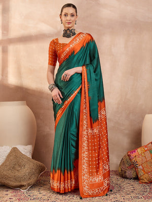 Graceful Green Satin Saree Featuring Orange Ethnic Print Border - Image 1