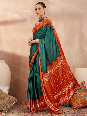 Graceful Green Satin Saree Featuring Orange Ethnic Print Border - Image 2