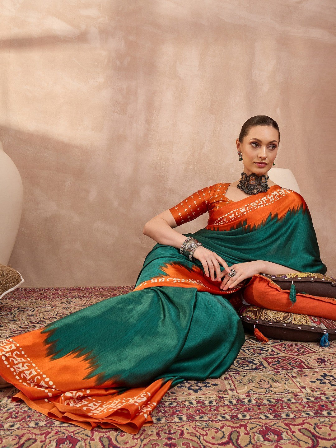 Graceful Green Satin Saree Featuring Orange Ethnic Print Border - Image 3