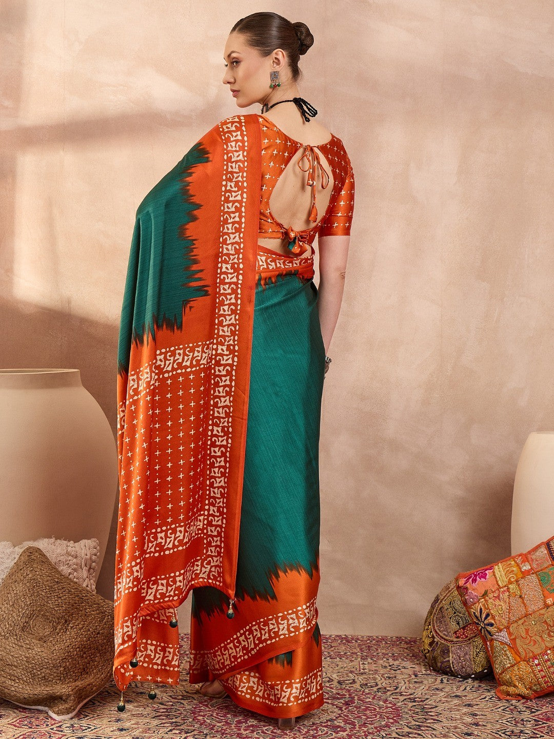 Graceful Green Satin Saree Featuring Orange Ethnic Print Border - Image 6