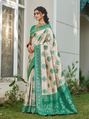 Graceful Cream & Turquoise Floral Weaving Silk Blend Saree Enhanced With Designer Tassel Pallu - Image 2