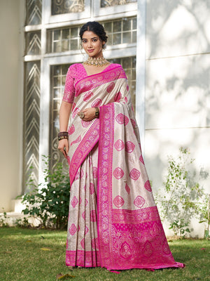 Graceful Cream & Rani Pink Floral Weaving Silk Blend Saree Enhanced With Designer Tassel Pallu - Image 1