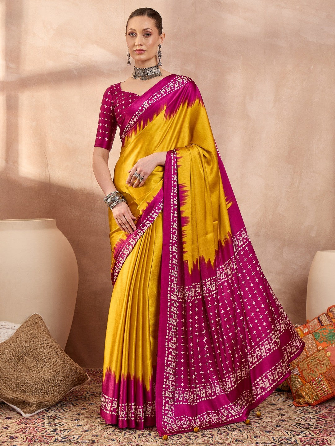 Graceful Yellow Satin Saree Featuring Rich Magenta Border - Image 1