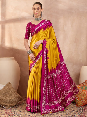 Graceful Yellow Satin Saree Featuring Rich Magenta Border - Image 1