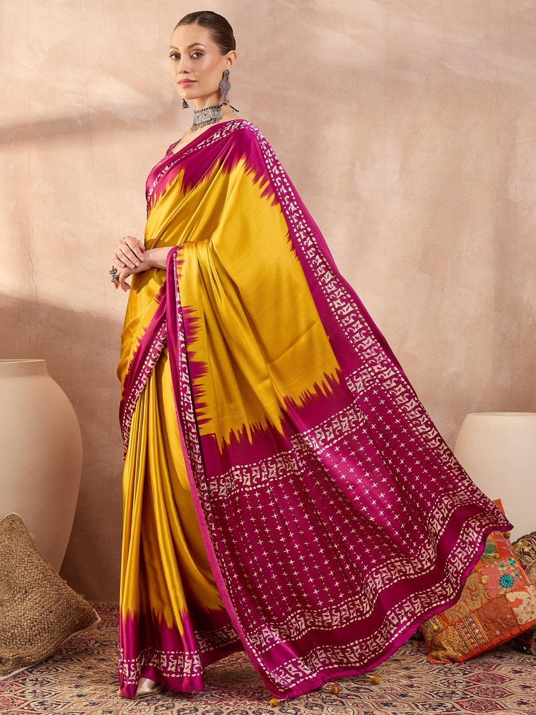 Graceful Yellow Satin Saree Featuring Rich Magenta Border - Image 6