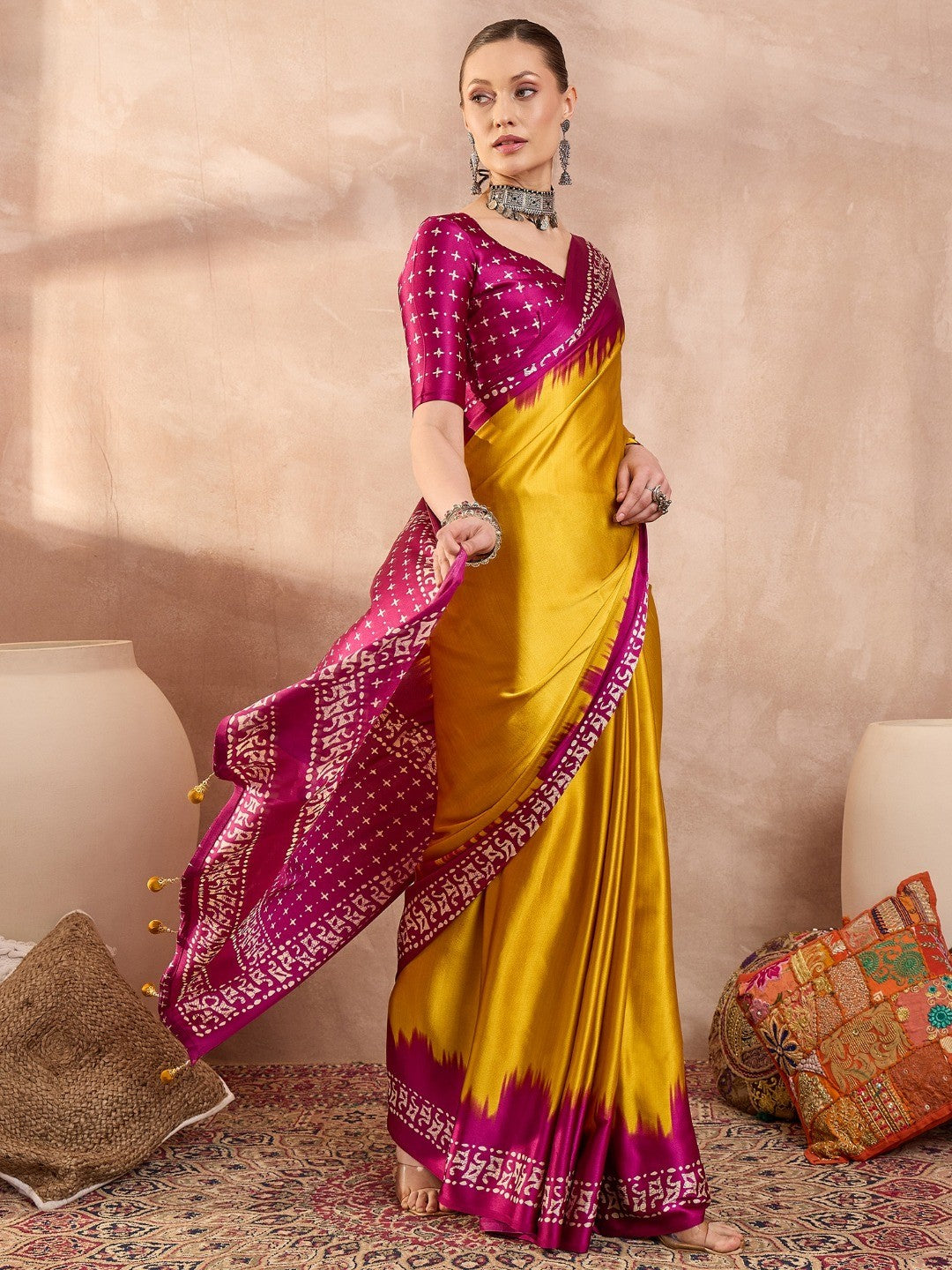 Graceful Yellow Satin Saree Featuring Rich Magenta Border - Image 8