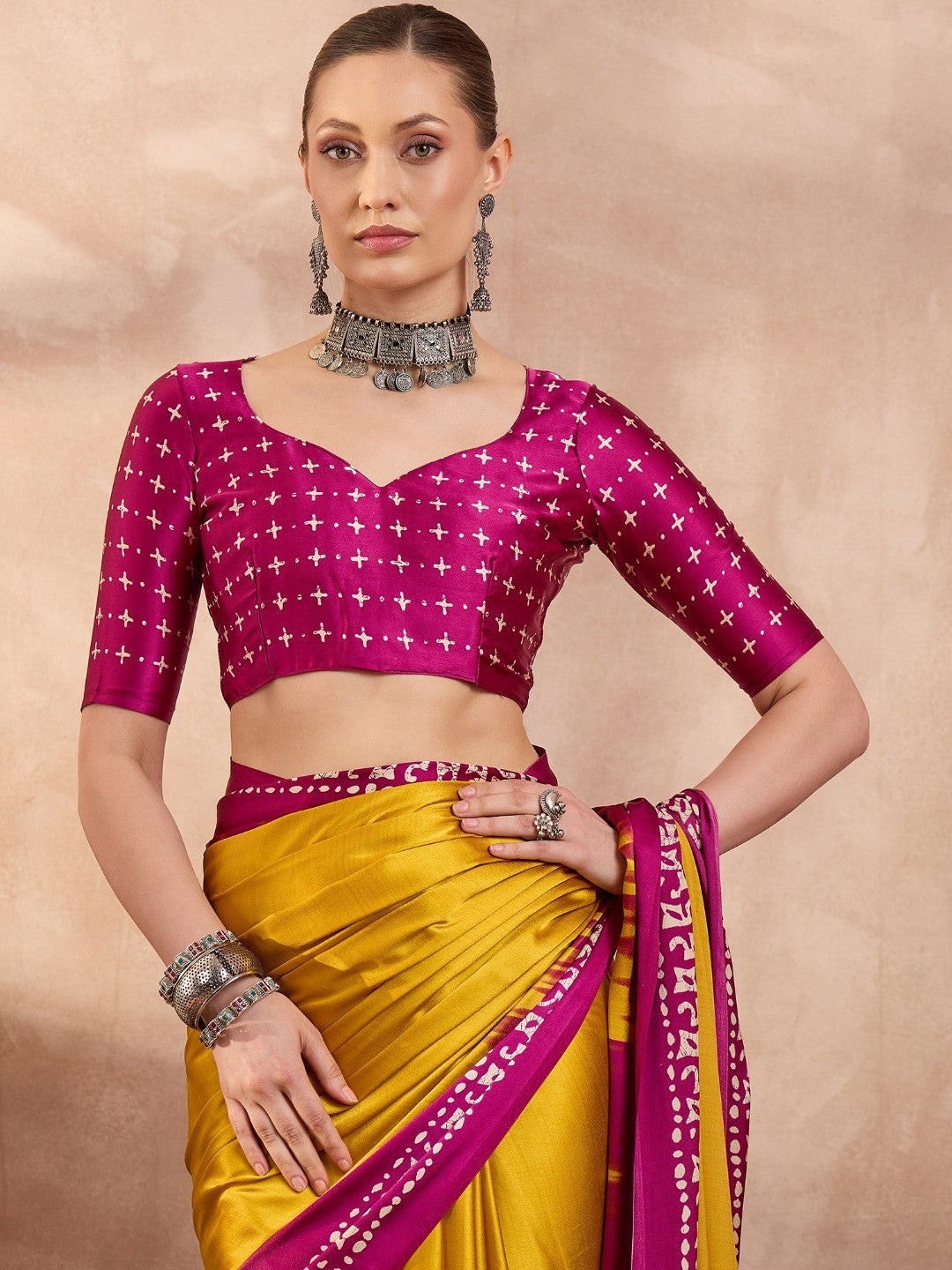 Graceful Yellow Satin Saree Featuring Rich Magenta Border - Image 5