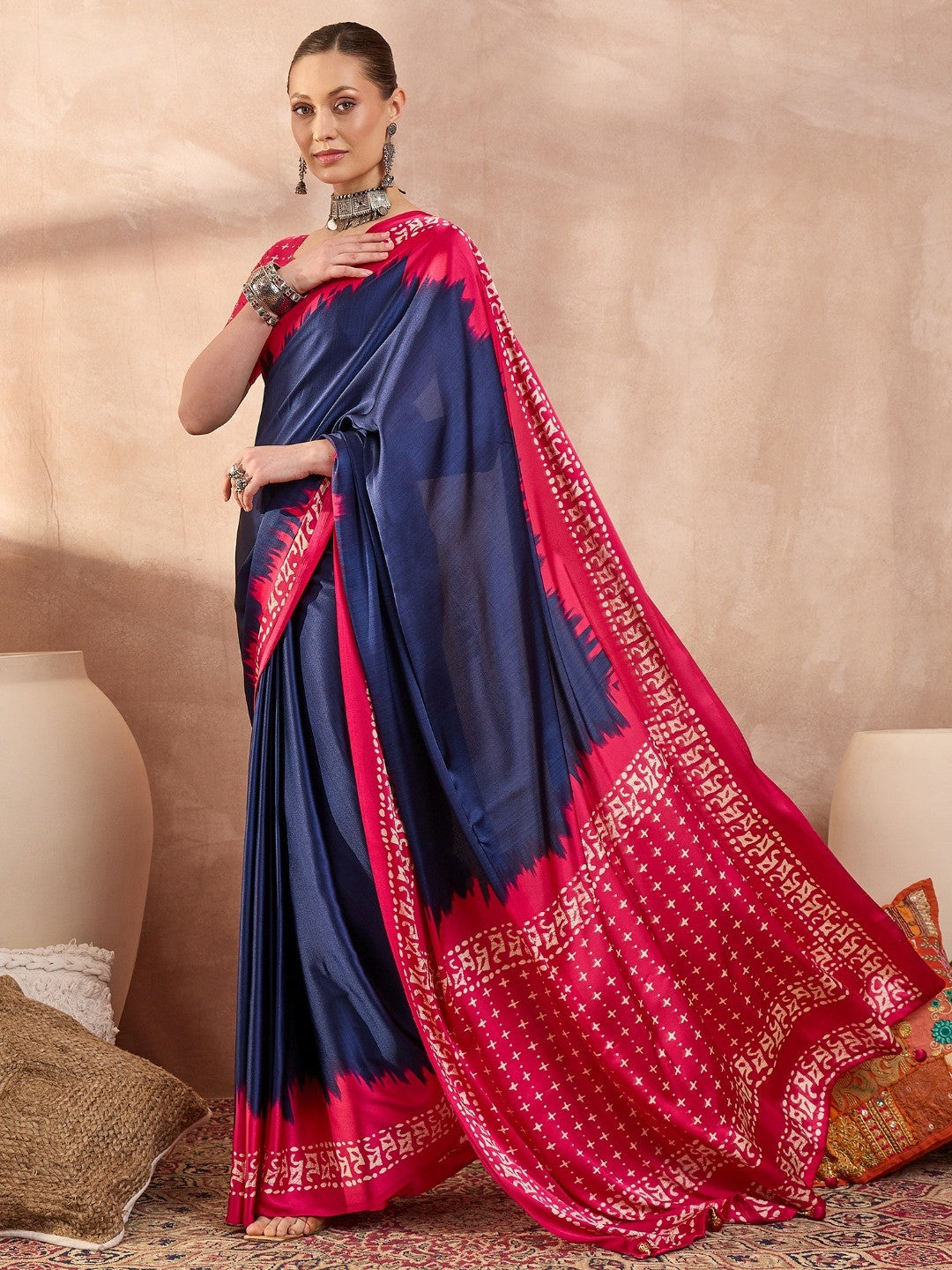Graceful Blue Satin Saree with Soft Pink Highlights and Printed Border - Image 6