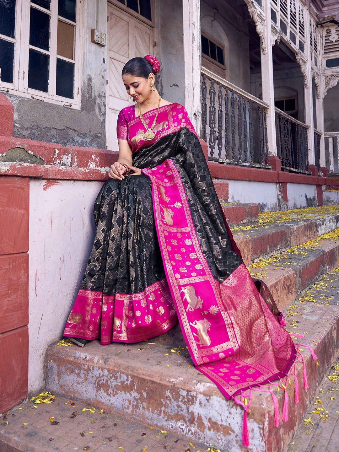 Premium Black Geometric & Animal Motif Weaving Saree With Decorative Tassel Pallu - Image 3